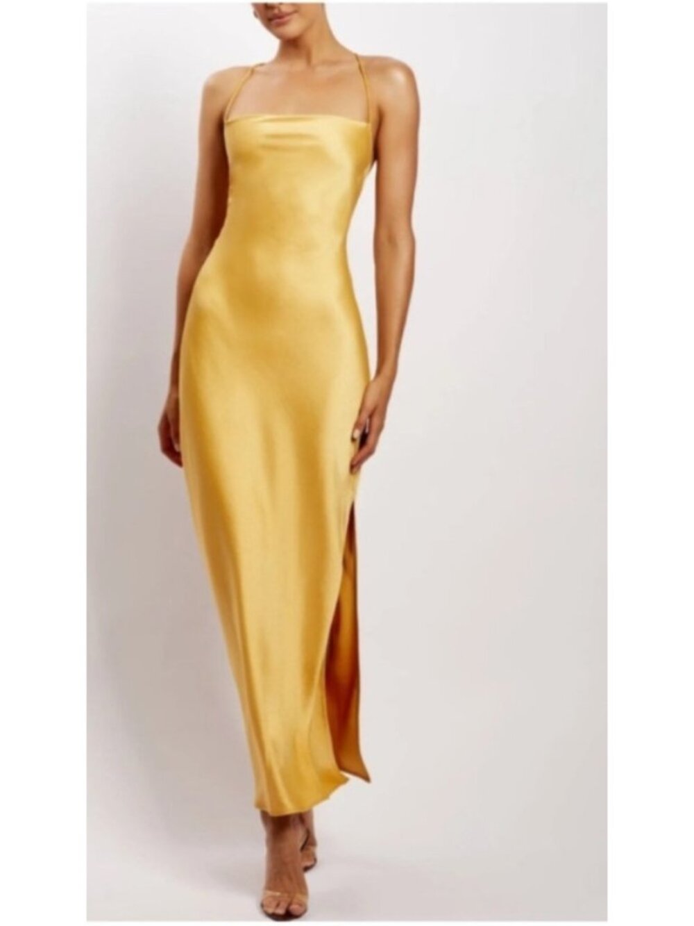 MESHKI Sydney Gold Satin Backless Slip Maxi Dress Size S Lace Up